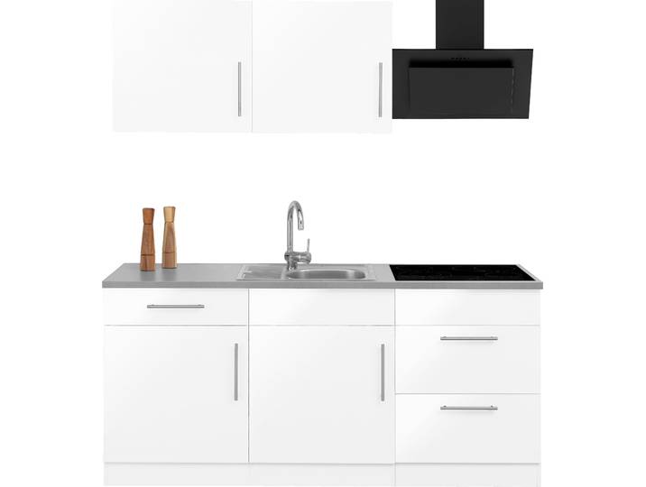 Küchenzeile, 180x60 cm, Holzwerkstoff, Weiß Glanz & Canvas Grau, Mit E-Geräten, Cali