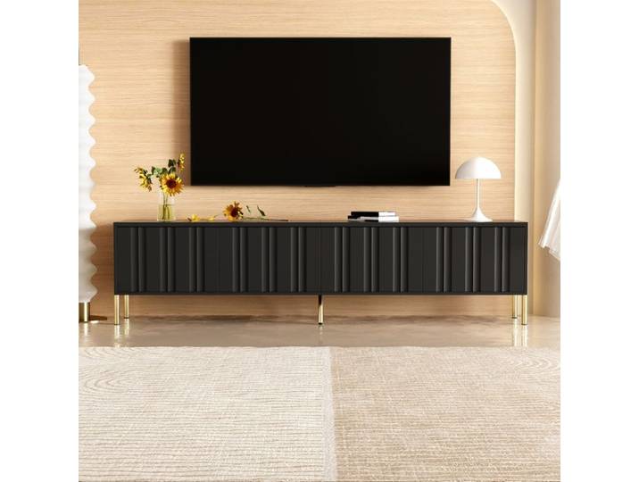 Meuble TV Noir 190cm 4 Portes 8 Étagères Buffet Bas avec Façades Rainurées Verticales MDF Salon 190x38x48cm