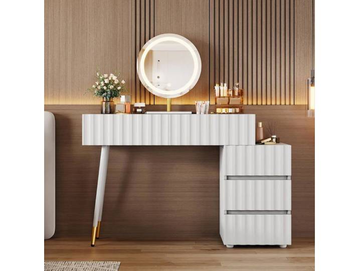 Coiffeuse avec miroir LED et éclairage - Coiffeuse blanche pour chambre à coucher avec 5 tiroirs spacieux - (sans tabouret)