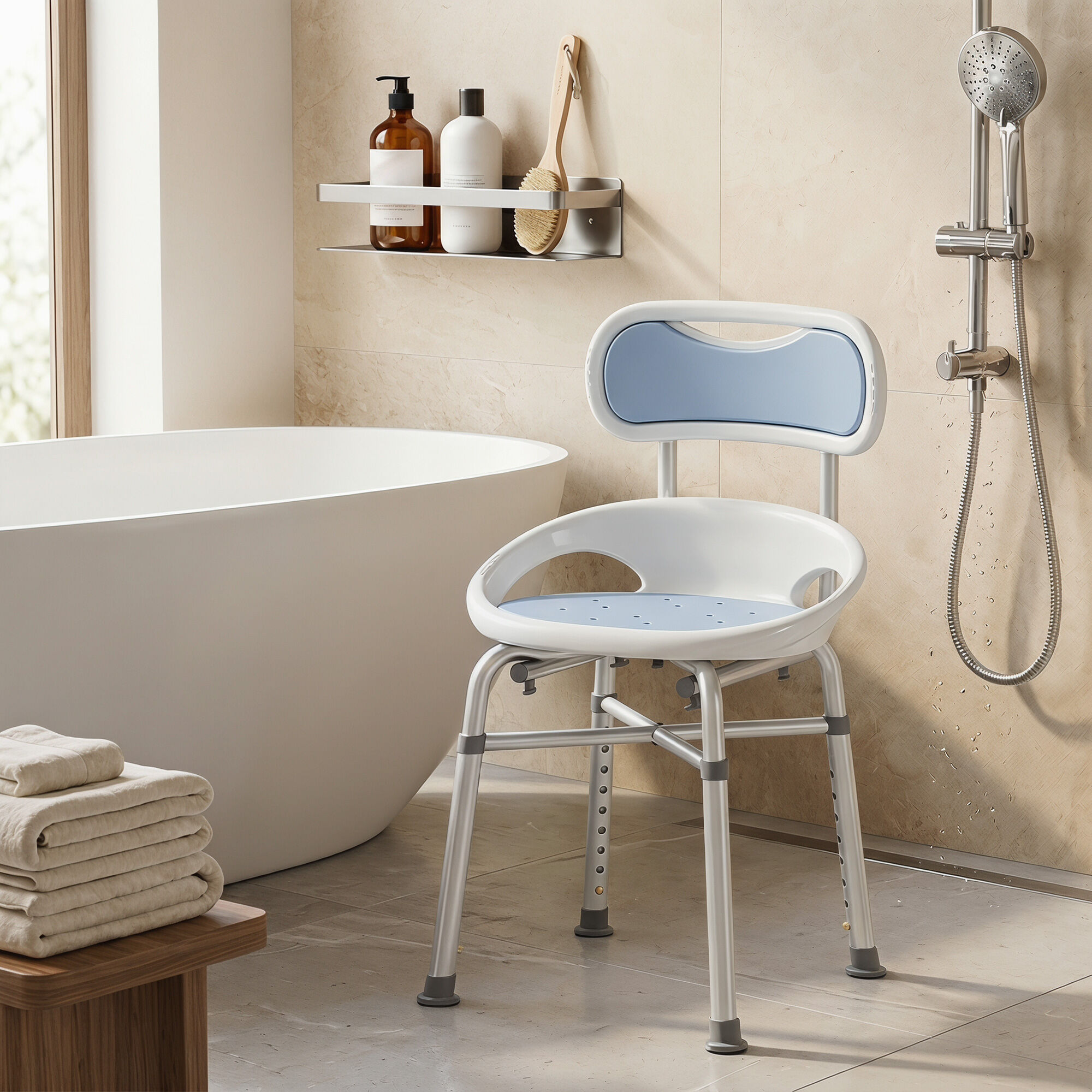Altro Sedia Da Doccia Con Schienale E Sedile Forato, 8 Altezza Regolabile, Antiscivolo, Portata 136kg, Azzurro