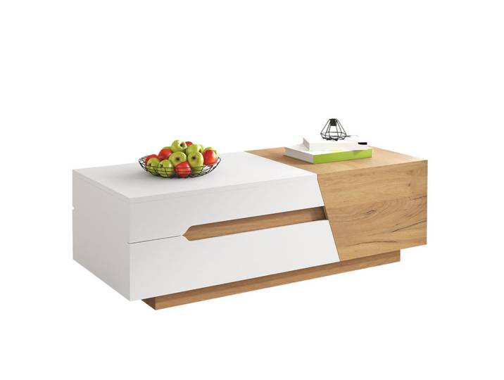 Okmyhome Couchtisch 120/50/37.5 cm in Weiß/Holzoptik aus MDF mit Schiebefunktion, Naturfarben, Rechteckig, 50x37.5x120 cm, Wohnzimmer, Wohnzimmertische, Couchtische