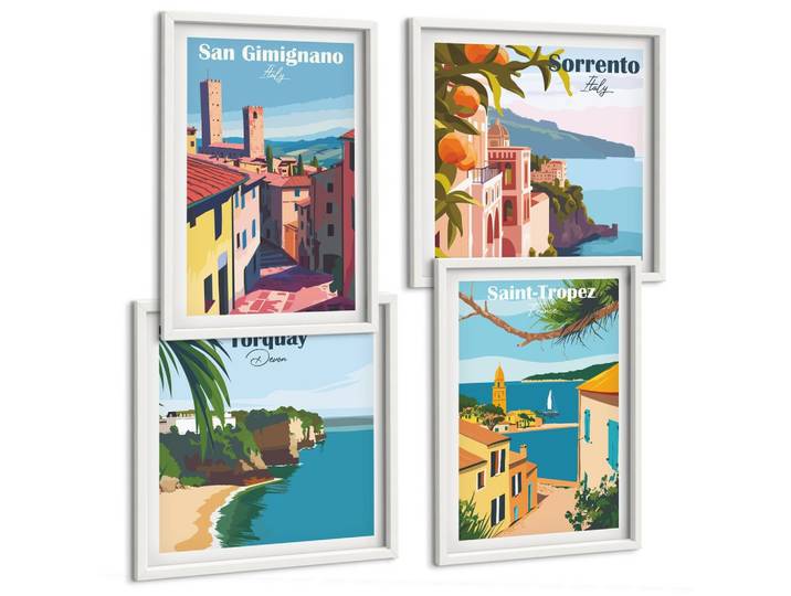 BILDER SET 4er Set - 50x50 cm & 40x60 cm Weißer Rahmen - Italienische Küstenstädte
