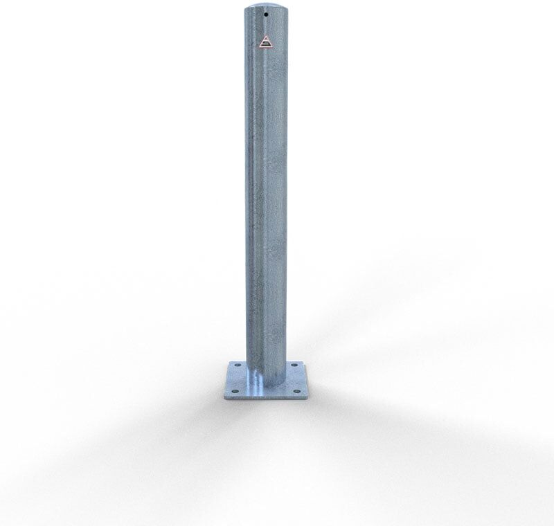 Schake Absperrpfosten ortsfest für Dübelbefestigung mit Bodenplatte aus Stahlrohr verzinkt Ø102x2,9mm mit Stahlkappe 900mm Überflur