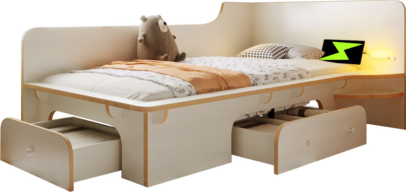Kinderbett,Holzbett Sofabett mit Leselicht, USB, Type C und 3 Schubladen, Bettgestell für Jugendliche, rutschfestes Design