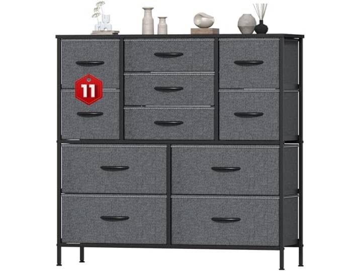 Noblik Kommode mit 11 Schubladen, Stoffkommode mit Metallrahmen und MDF-Holzplatte, verstellbare Füße, Kippsicherung, Aufbewahrungsschrank für Schlafzimmer, Wohnzimmer, Kleiderschrank, Dunkelgrau