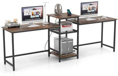 Costway 2-Person Computer Desk with Power Outlet and Printer Stand-Rustic Brown