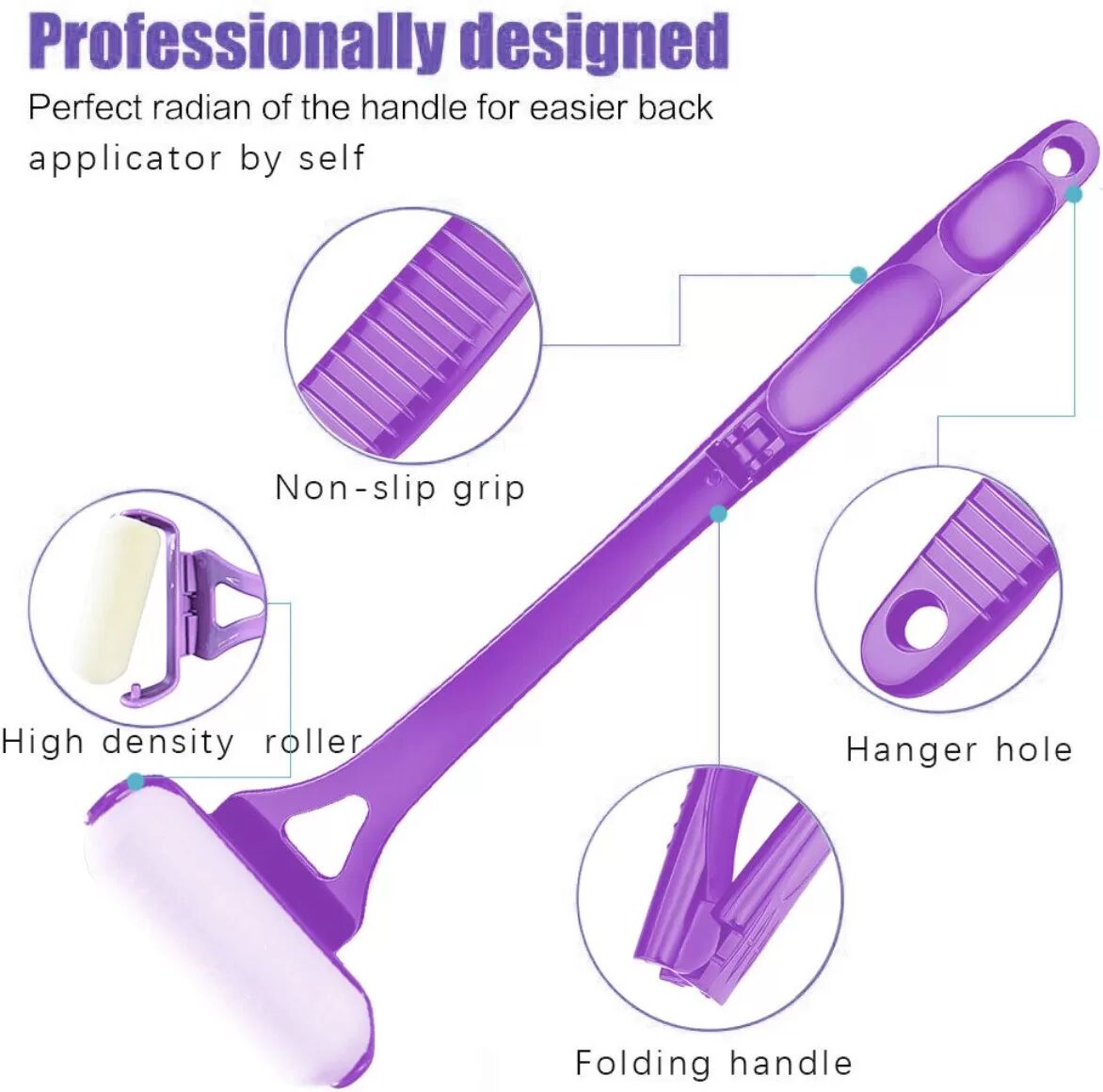 INF Rouleau applicateur de lotion pour le dos avec long manche pliable – Plastique ABS violet + rouleau en éponge pour