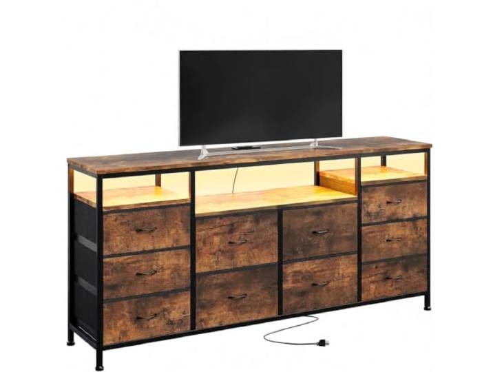 GarveeHome TV Lowboard mit 10 Schubladen, RGB-LED-Beleuchtung & Steckdosen – Industrie-Design Fernsehschrank für TVs bis 75 Zoll, Tabby
