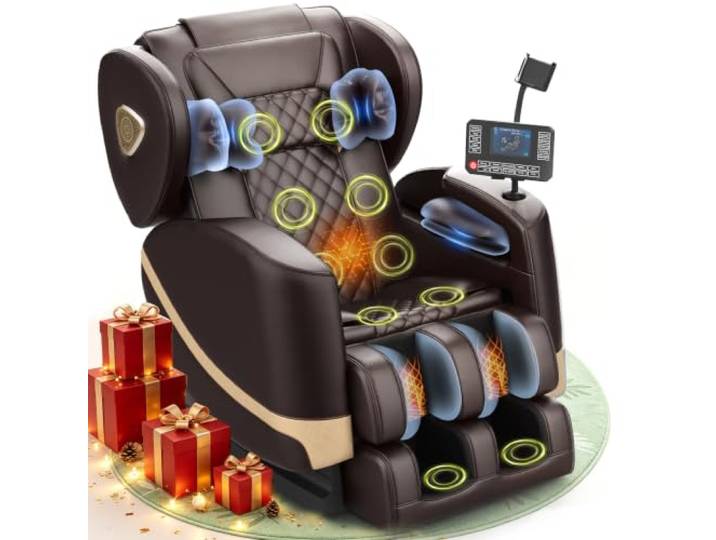 Gegcucey Massagesessel, Ganzkörper-Massagesessel mit Zero-Gravity, 14 Rollen und 8 Komfort-Airbags, Mit Heizfunktion für Taille und Beine Fußmassage, Bluetooth-Player und 2-in-1 Touchscreen (Braun)