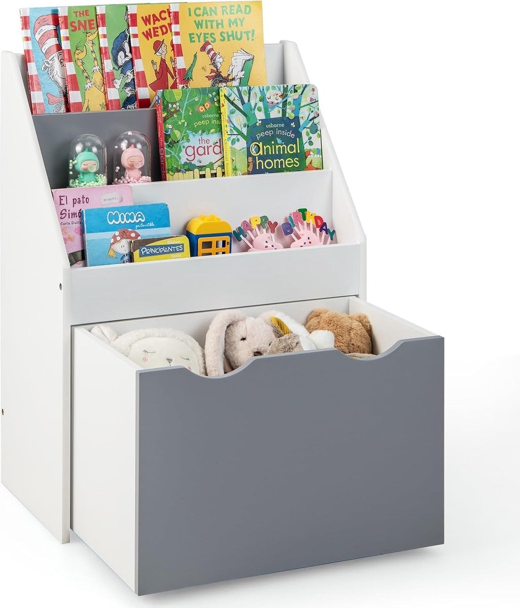 KOMFOTTEU Kinderboekenkast en speelgoedorganizer met 3 vakken, uittrekbare lade en 4 wielen