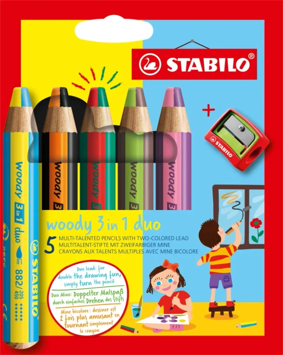 STABILO Woody 3in1 Duo 5 Stück Packung mit Anspitzer
