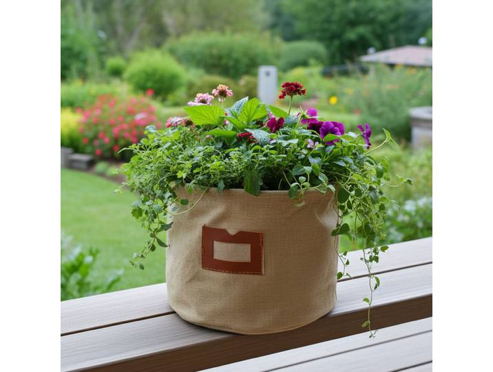 Textil-Übertopf aus Baumwolle,beige, Pflanzsack mit Schutzfolie, 16 x 16 cm