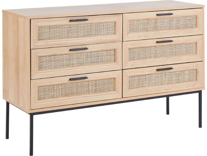 BELIANI Kommode Heller Holzfarbton Schwarze Metallbeine und Handgriffe 120 x 40 x 77 cm Boho Stil Sechs Rattan Schubladen Schlafzimmer Wohnzimmer Flur
