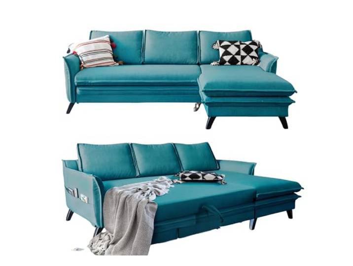 MIUFORM Charming Charlie, 4er Ecksofa mit Schlaffunktion, Rechts, Türkis Schlafsofa mit Bettkasten und Bettfunktion, 4 Sitzer Sofa L Form, 228x150x90cm, Couch mit Schlaffunktion, Sofa Bed Klappbar