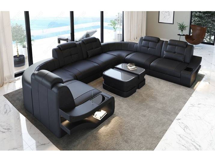 Sofa Dreams Wohnlandschaft Leder Couch Sofa Elena U Form Ledersofa, U-Form Ledersofa mit LED-Beleuchtung