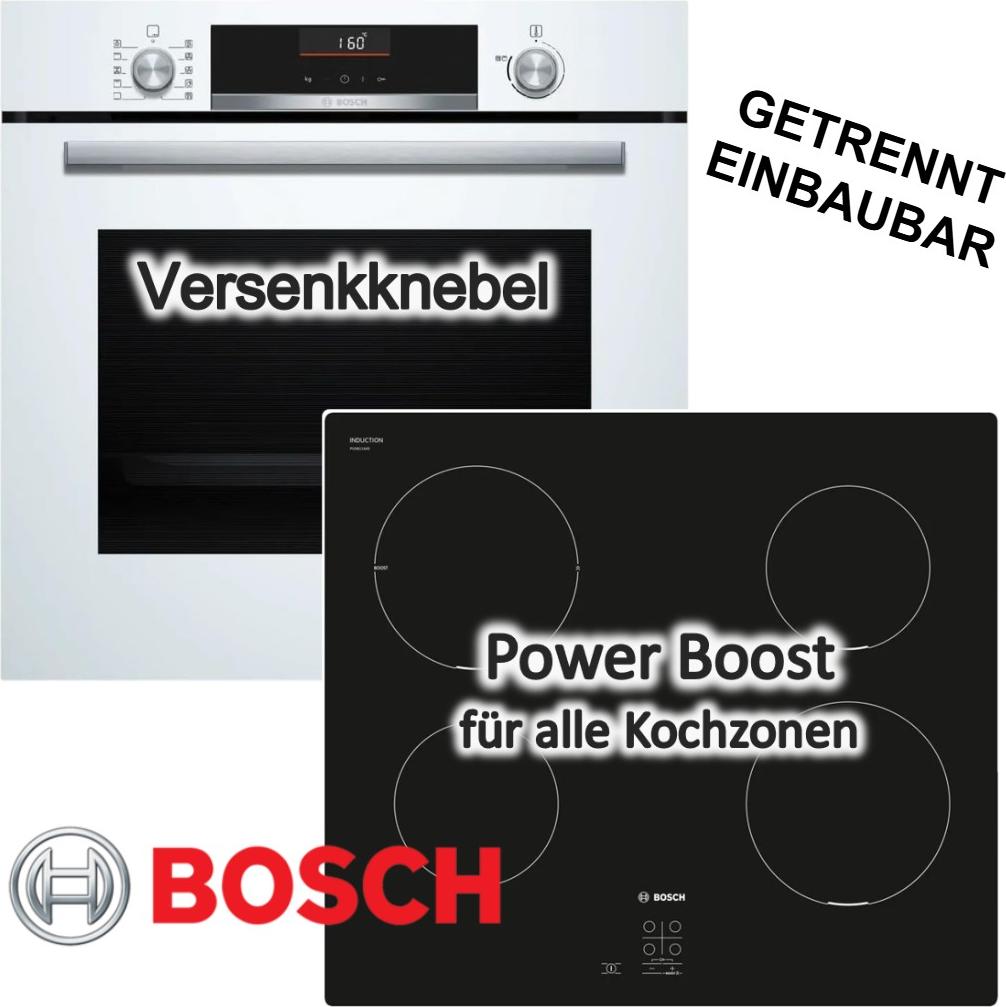 BOSCH Herdset AirFry 71l weiß 3D Heißluft EcoClean Direct SoftOpen Versenkknebel + Induktionskochfeld 60cm Autark Glaskeramik PowerBoost