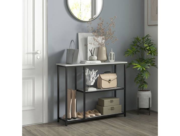 Console meuble 100 cm table console 3 niveaux plateaux en effet marbre cadre en acier blanc