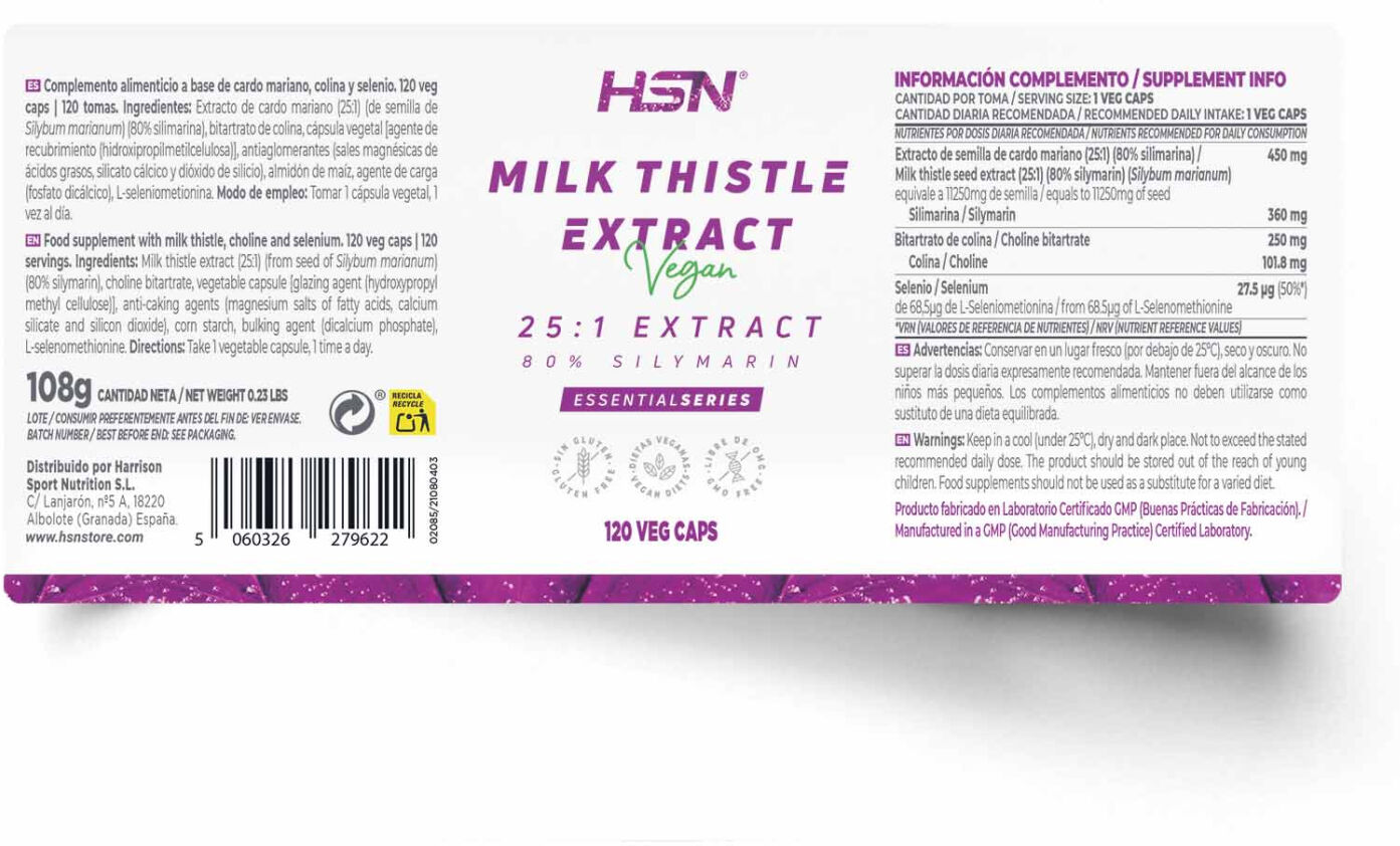 HSN Extrato de cardo mariano (25:1) 450mg - 120 veg caps - Saúde hepática - Cápsulas Vegetales - 120 Serviços