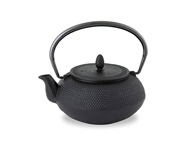Roji Associates Teekanne aus Gusseisen, Nanbu-Tekki-Teekanne, rund, hergestellt in Japan, mit Teesieb, Emaille-Finish, Teekanne, farbiger Topf, offenes Feuerverbot (600 ml/Schwarz)