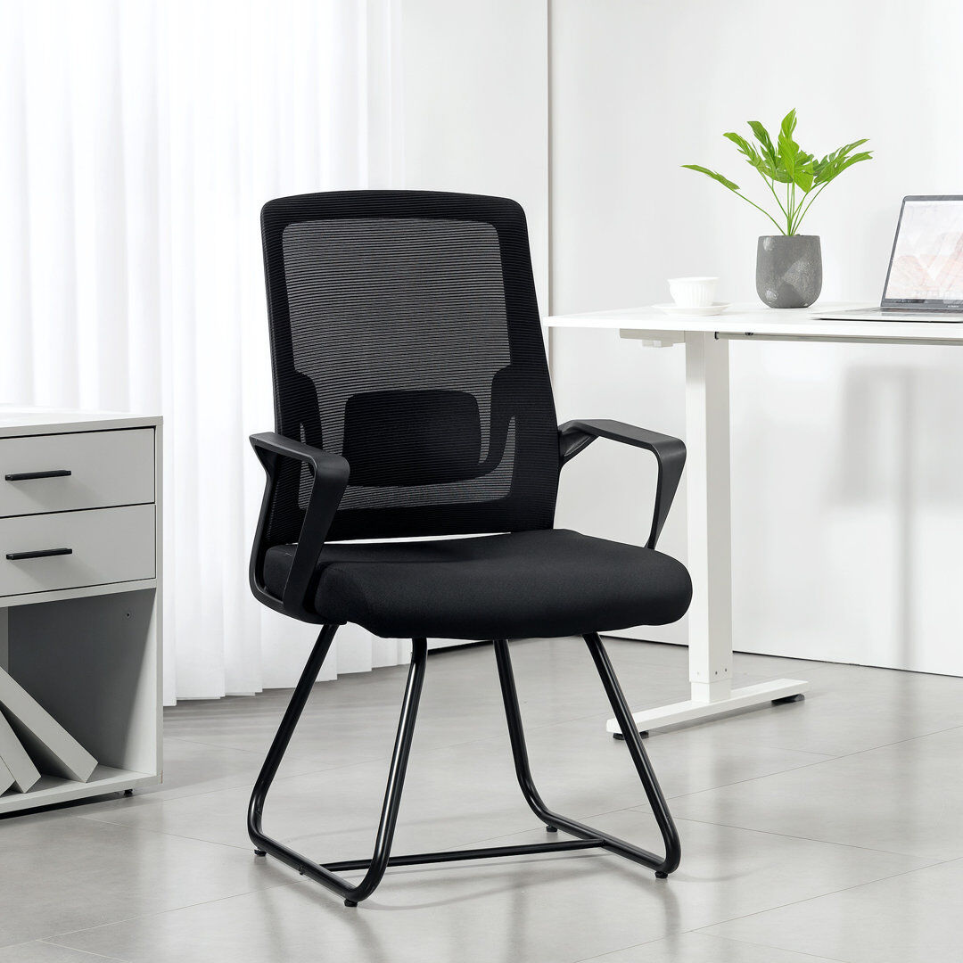 Inbox Zero Desk Chair No Wheels, Meeting Chair with Mesh Back for Waiting Room Black 57cm W X 56cm D