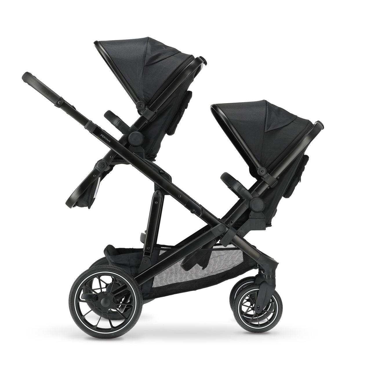 DERYAN Evy V2 Kinderwagen - Zwillingswagen - Erweiterbar - Inklusive Extra-Sitz - Schwarz