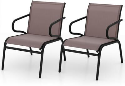 Costway Modern Patio Chairs Set of 2 with Breathable Fabric for Porch-Coffee
