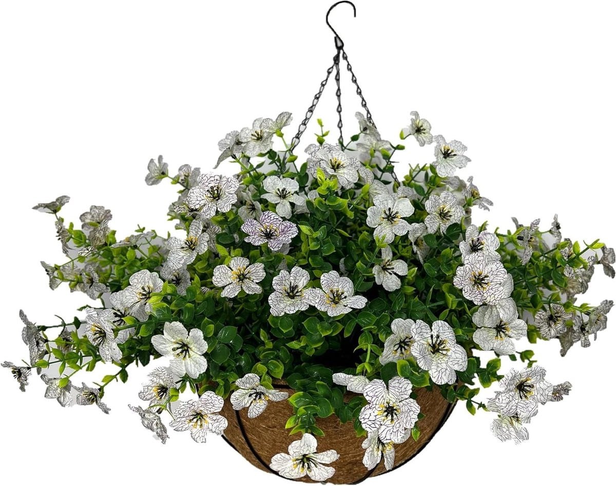 Kunstige violen met hangende mand voor buiten decoratie - Wit - 30 cm