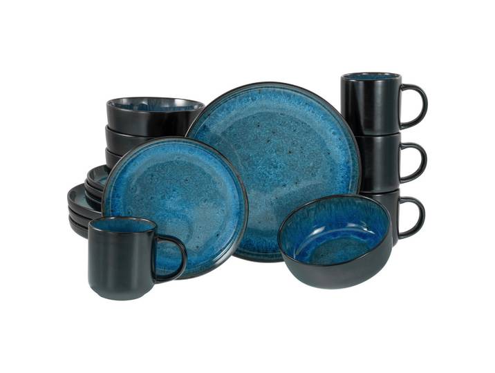 Creatable Kombiservice Nordic Fjord Beige, Schwarz, Hellblau, Keramik, 16-teilig, 300 ml,450 ml, lebensmittelecht, stapelbar, Essen & Trinken, Geschirr, Geschirr-Sets, Kombiservice