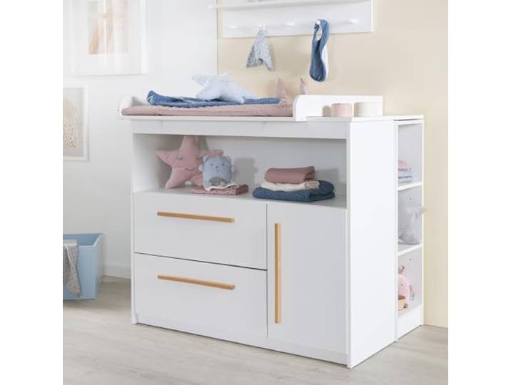 roba Wickelkommode Lilo inkl. abnehmbarem Wickelaufsatz - Wickeltisch mit 2 Schubladen & 1 Tür - Griffe aus Holz - Weiß