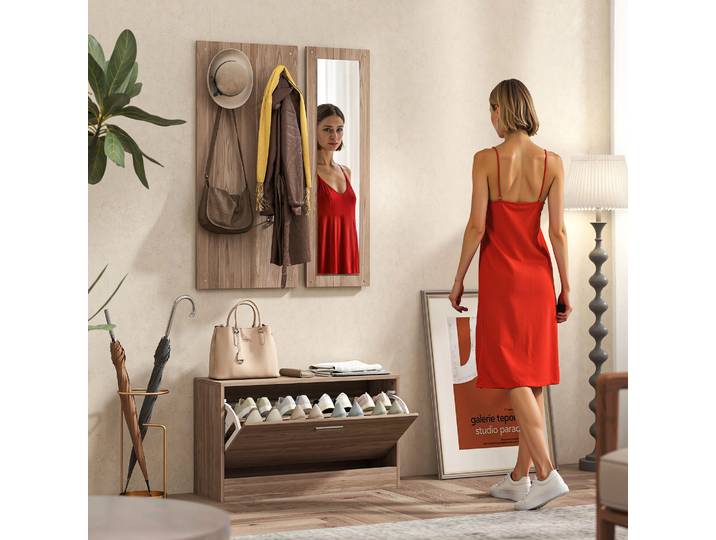 HOMCOM Set Entrée Banc Chaussures, Portemanteau et Miroir Marron