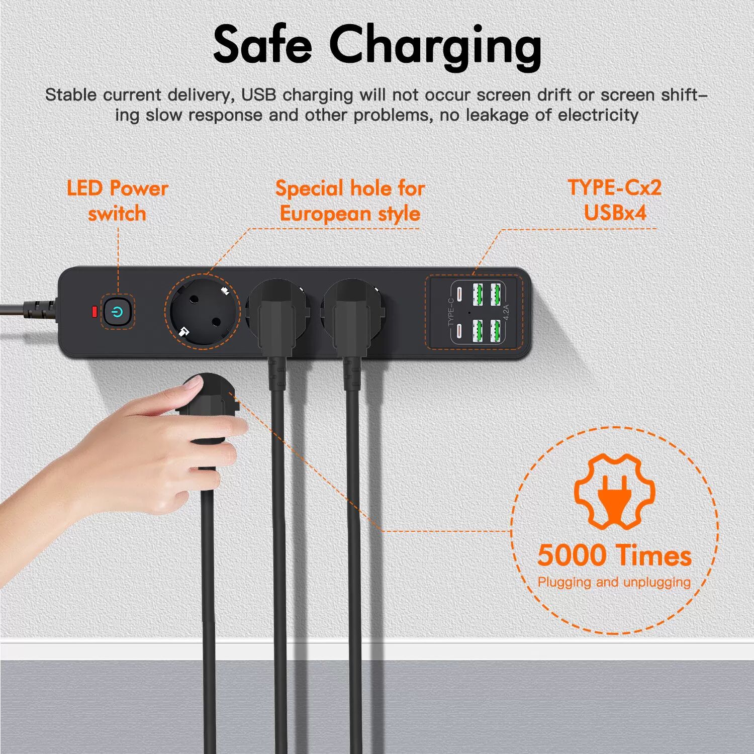 INF BKL-03 EU-Steckdosenleiste mit 6 USB-Anschlüssen Schwarz