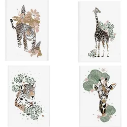 POSTER Set mit 4 GiraffenLeopardblatt, Blumen und Pflanzen vom Dschungel A3 Rahmenlos