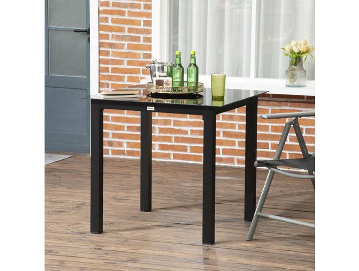 Table de jardin carrée 4 personnes EVRYAE 80 x 80 x 74 cm plateau en verre trempé aluminium noir terrasse balcon