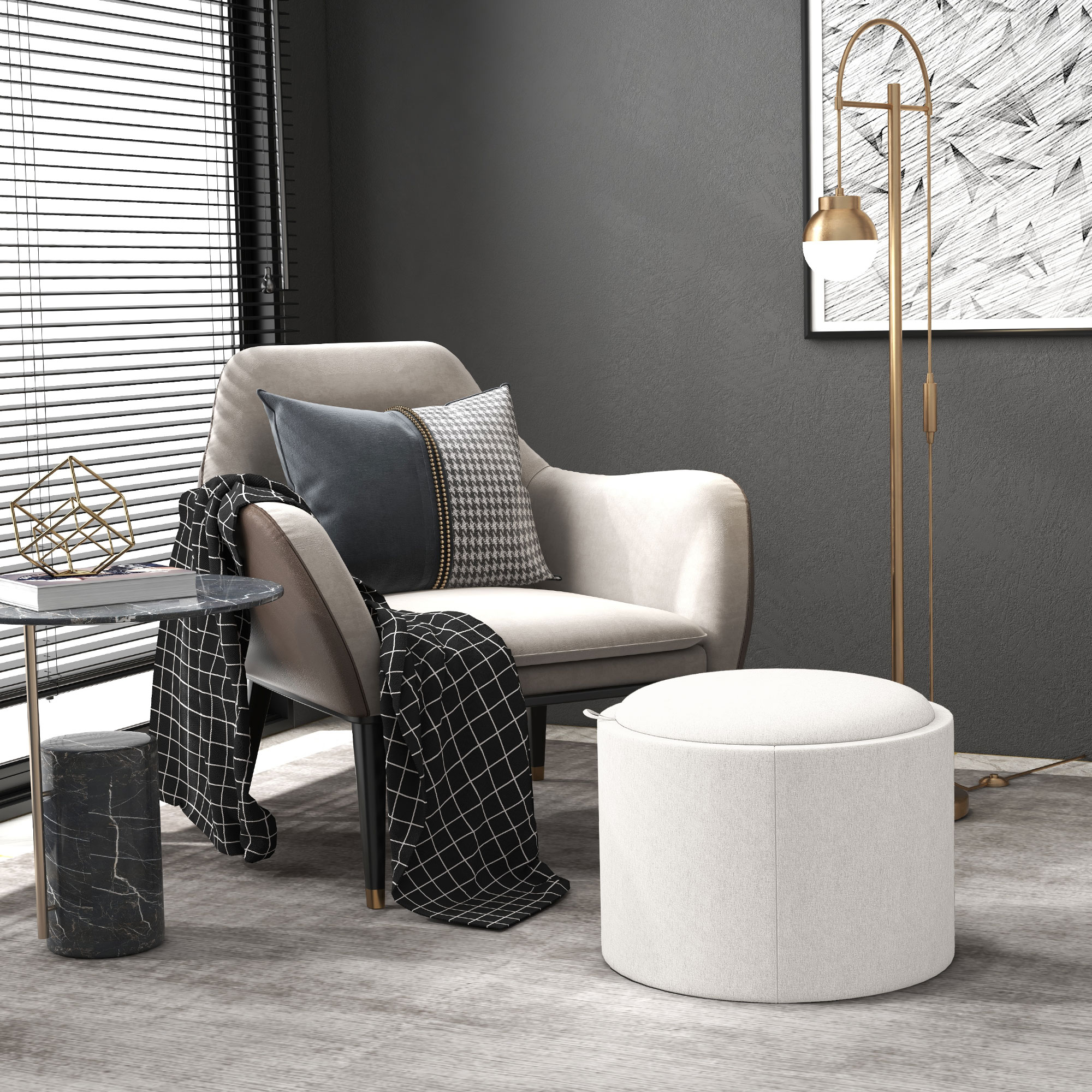 Homcom Pouf in lino con spazio di archiviazione, coperchio ribaltabile, 56 cm x 56 cm x 42 cm, Crema + Naturale
