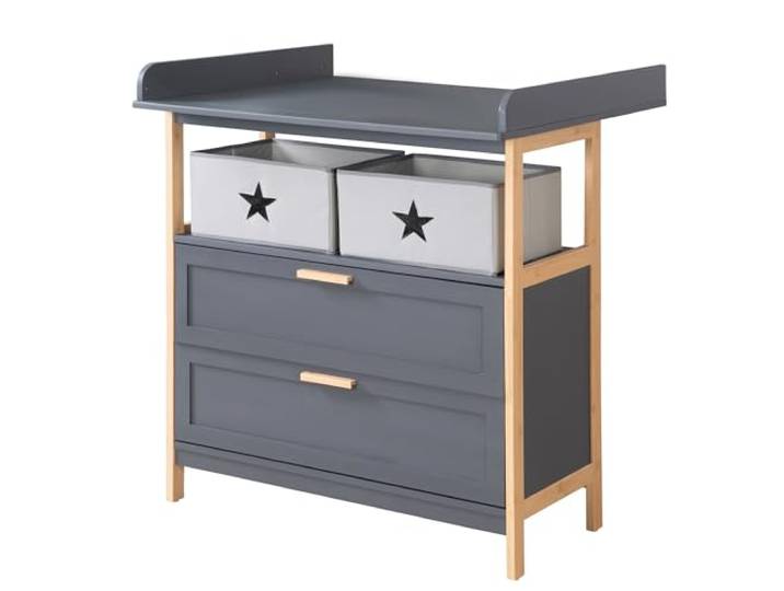 roba Wickelkommode Berlin inkl. abnehmbarem Wickelaufsatz - Wickeltisch mit Schubladen & Stoffboxen - Griffe + Rahmen aus Bambus Holz - Anthrazit