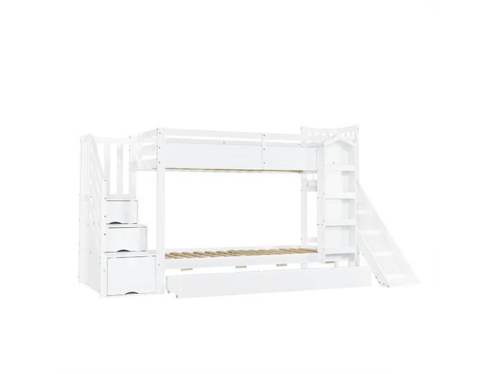 Lit superposé enfant pin blanc toboggan rangement 90x200cm