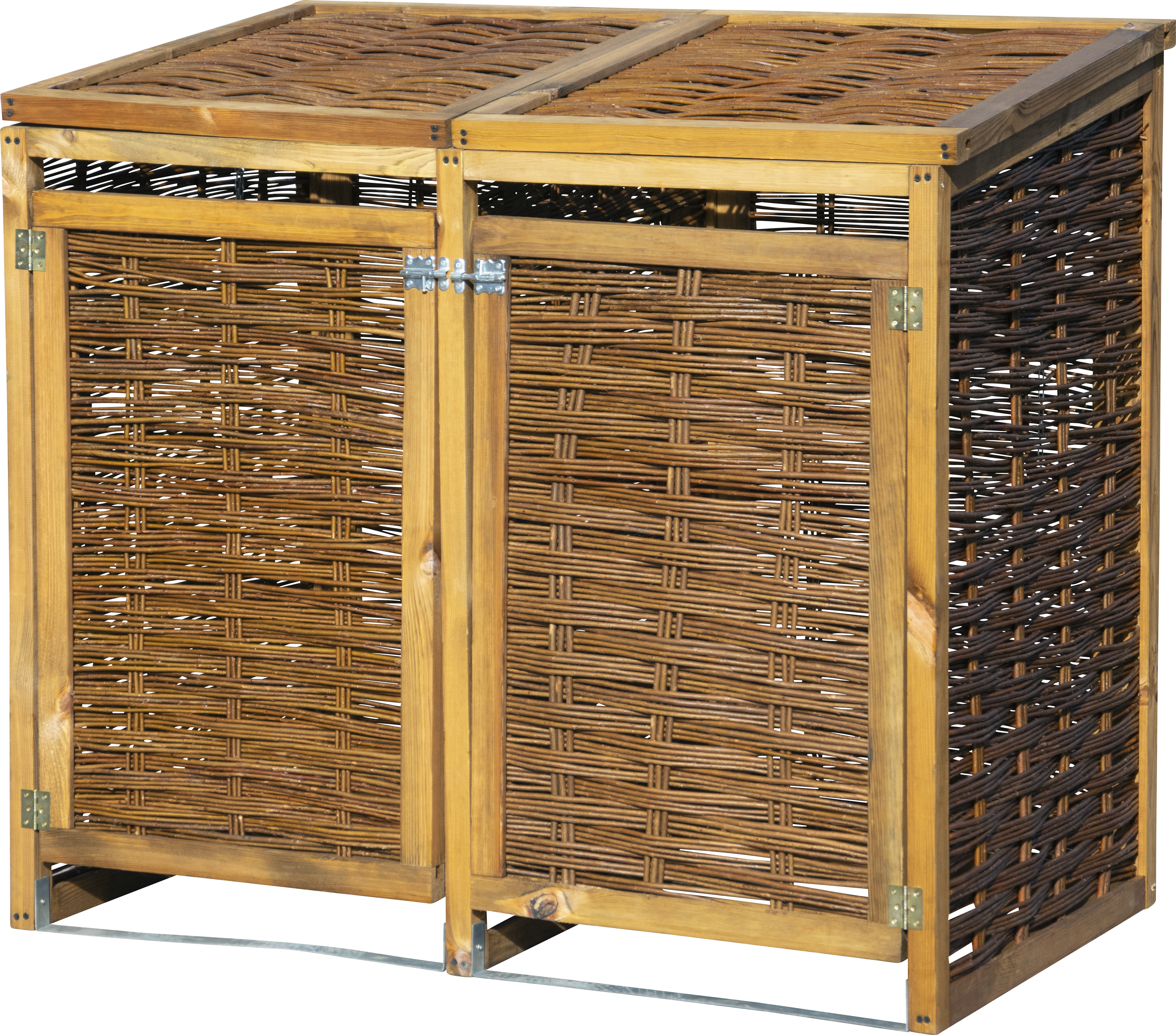 dobar Wetterfeste Doppel-Mülltonnen-Box aus Holz, aufklappbares Mülltonnen-Versteck für zwei 120l Tonnen, ungeschälte Weide, braun, 125 x 80 x 115 cm