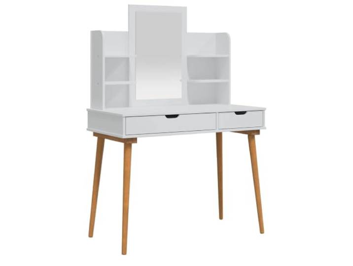 Xhnifbn Schminktisch-Set FAUSKE 4-teilig Weiß 100x50x143 cm mit Spiegel Elegantes Frisier-Ensemble fürs Schlafzimmer mit Massivholzbeinen, integriertem Flachspiegel, 2 Schubladen und Hocker.
