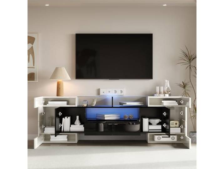 FAVSH Sideboard Wohnzimmer TV - 200 cm Moderner TV Schrank, Fernsehtisch mit 6 Schließfach, 2 Schublade und 3 offenes Regal, TV Schrank with Led für Wohnzimmer und Esszimmer (Schwarz und weiß)