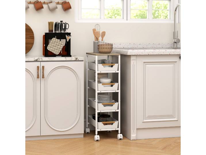 HOMCOM Chariot Cuisine 5 Niveaux avec Tiroirs et Étagère Blanc