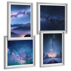 BILDER SET 4er Set - 50x50 cm & 40x60 cm Silberner Rahmen - Nachthimmel, Berge, Winter, Weltraum