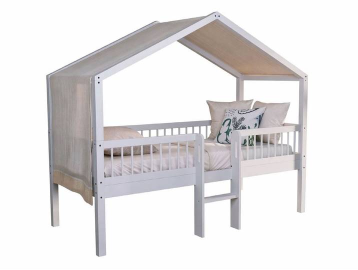 58 aufm Kessel Kinderbett Hausbett halbhoch 90x200 Keeley Buche Leiter Himmel (inkl. Versand, Lieferung bis Verwendungsstelle), Spielbett im Hausdesign mit dekorativem Textilhimmel