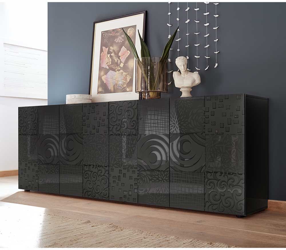 Pharao24.de Design Sideboard in Hochglanz Anthrazit Siebdruck verziert
