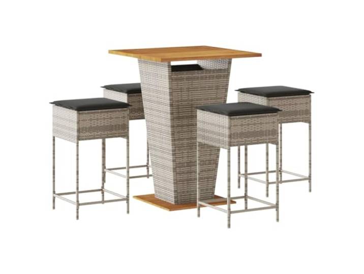 Makastle Outdoor Bar-Set 5-teilig 80 x 80 x 110 cm Grau PE-Rattan mit Akazienholz-Tischplatte und Stahlrahmen für Garten und Terrasse