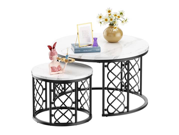 Modfu Couchtisch 2-teiliges Set 70x70x45 cm und 45x45x37 cm Weiß und Schwarz Stapelbar mit Stahlrahmen, 70x45x70 cm, Wohnzimmer, Wohnzimmertische, Couchtische