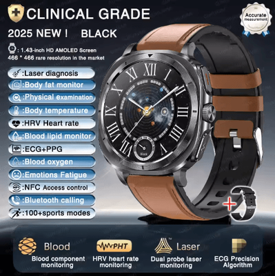 Inspire Picks VitaPulse AI Laser Health Smartwatch ECG PPG Blood Pressure & Body Analysis Watch brown Leather