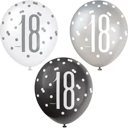 6 Luftballons schwarz & silber Zahl 18