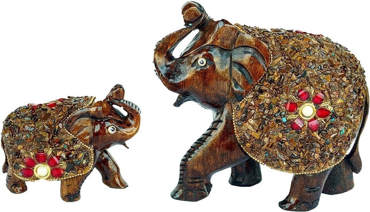 Handgemaakt houten standbeeld Olifant Moeder & Kind voor huisdecoratie