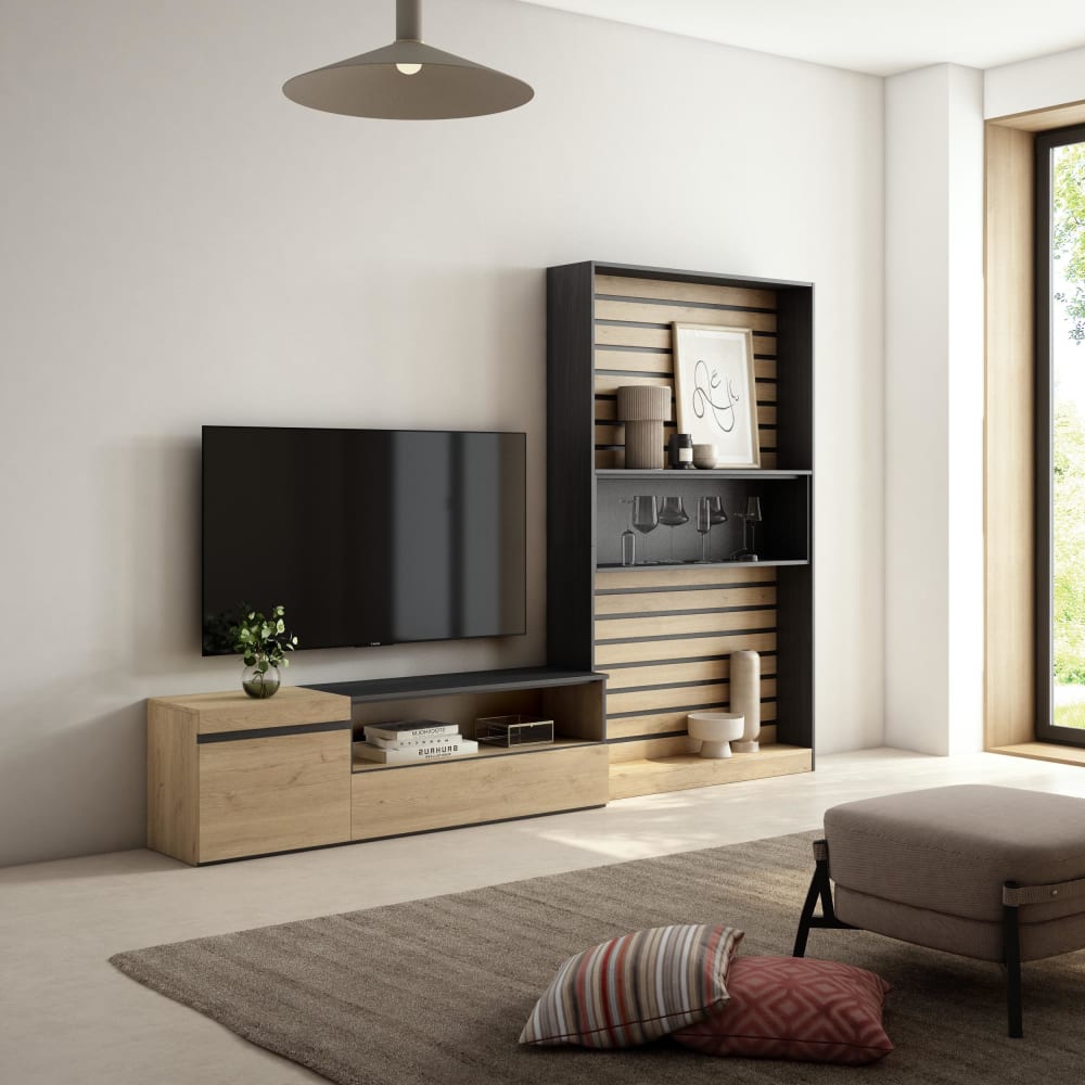 Skraut home Muebles de salón para tv efecto madera roble y negro 260x35x186cm