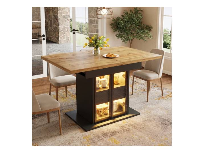 i@home Esstisch Ausziehbarer Esstisch mit Stauraum & LED-Beleuchtung (Packung Set), Glas-Schiebetüren & versteckte Druckgriffe Weiß/Schwarz